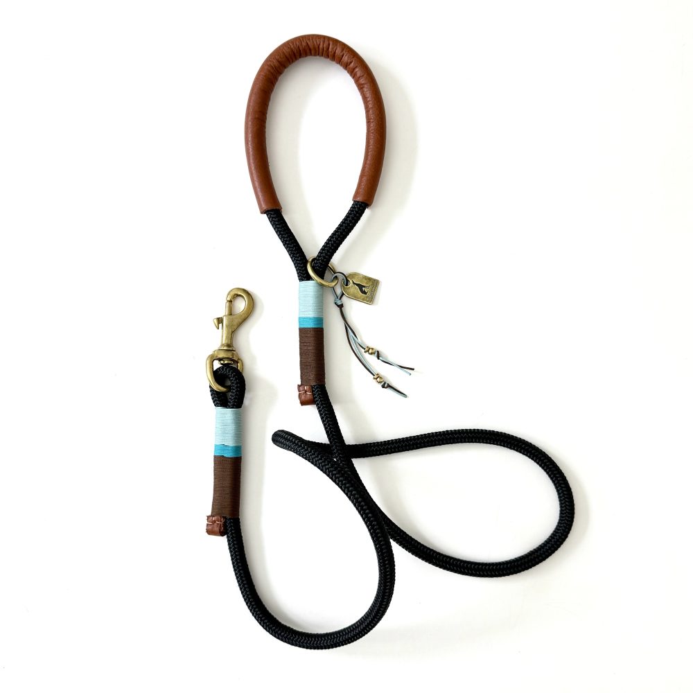 Houndstooth Apparel Premium Black Rope & Leather Handle Lead - Tobacco